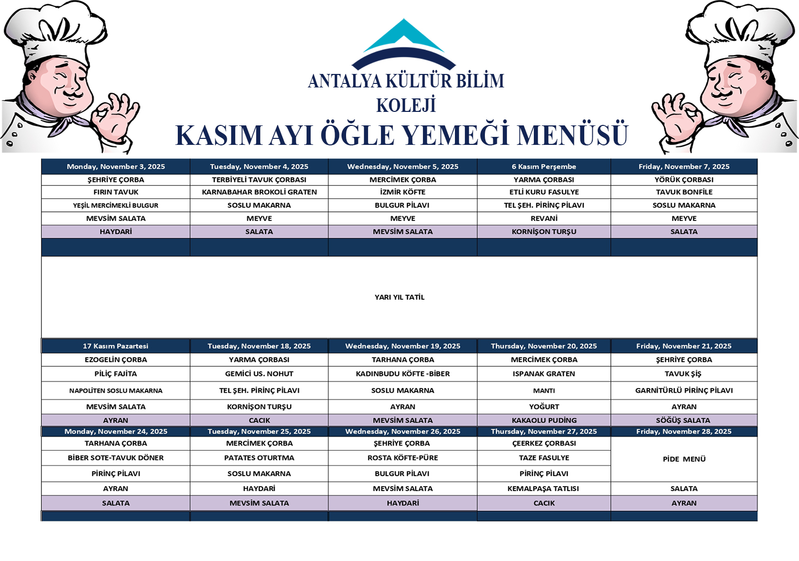 Kasım Ayı Öğle Yemeği Menüsü